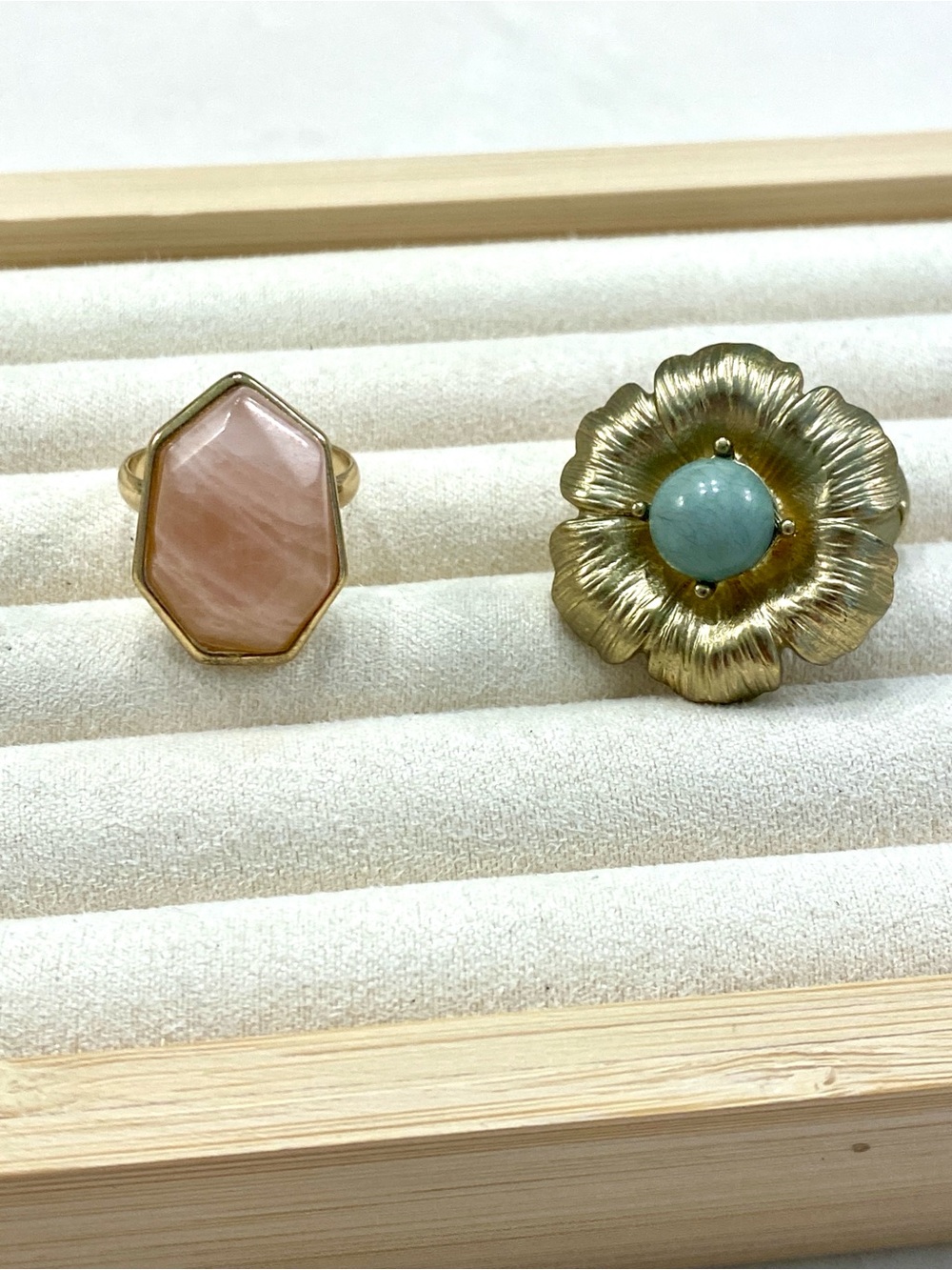 Pink Geometric Ring and Gold Flower Ring Duo